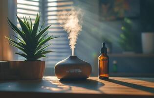 Aromatic diffuser releasing mist alongside essential oil bottle in bright, serene room photo