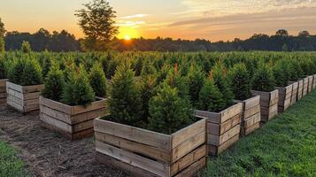Winter tree farm with neatly arranged evergreen trees in wooden crates during the snowy season photo