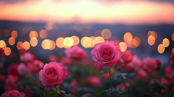 Pink roses blooming at sunset with vibrant bokeh lights in the background photo