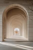 Elegant architectural passage featuring arches and a solitary tree during daylight photo