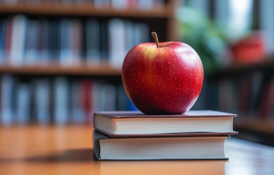 A red apple resting on a closed book in a modern library setting during daytime photo