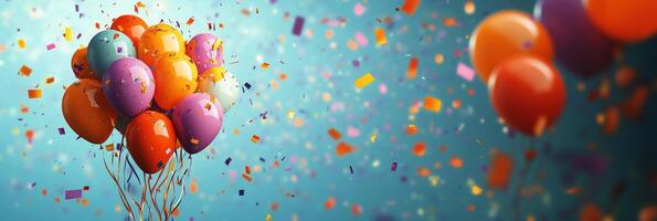 Colorful balloons float amidst vibrant confetti against a bright blue background photo