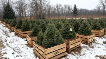 Winter tree farm with neatly arranged evergreen trees in wooden crates during the snowy season photo
