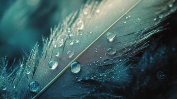 Raindrops glisten on a delicate feather resting on a soft surface in a serene environment photo