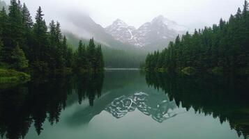 A tranquil lake surrounded by misty mountains and dense evergreen forests in early morning photo