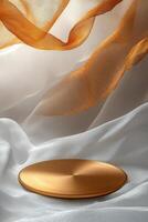 A golden circular object rests on soft fabric with flowing sheer drapes in a serene setting photo