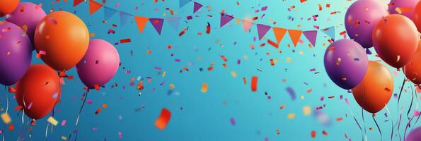 Colorful balloons float amidst vibrant confetti against a bright blue background photo