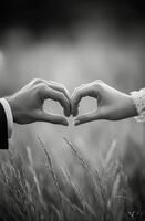 Couples hands forming a heart shape against a serene background during a romantic moment photo