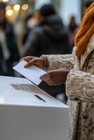 A person casting a ballot into a white voting box during a public election in a busy venue photo