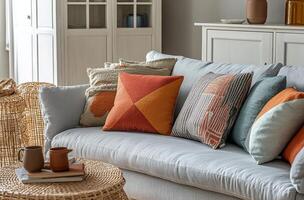 Cozy living room with colorful cushions and rustic coffee table during afternoon light photo