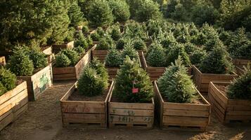 Winter tree farm with neatly arranged evergreen trees in wooden crates during the snowy season photo