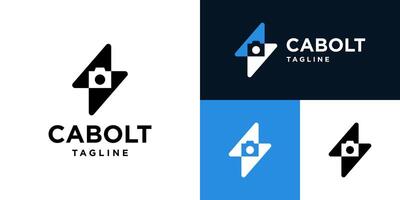 Design template of camera logo combined with lightning. Photography, lightning, light, speed, shot. Icon symbol EPS 10 vector