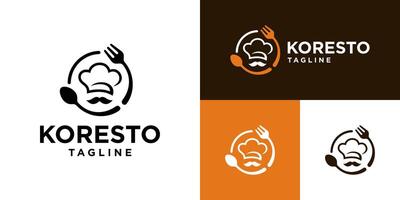 Design template of restaurant logo. Chef hat, spoon, fork, menu, dishes. Icon symbol EPS 10 vector