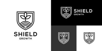 Design template of a growth logo combined with a shield. Plants, leaves, success, protection. Symbol icon EPS 10 vector