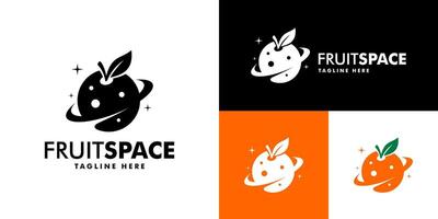 Design template of orange logo combined with a planet. Space, universe, fruit, diet, vitamins. EPS 10 icon symbol vector