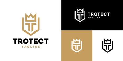 Design template of the initial T combined with a shield and crown logo. Security, kingdom, justice. EPS 10 icon symbol vector