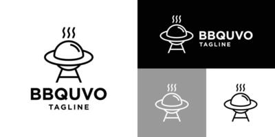 Design template of barbecue combination with flying saucer logo. Grill, party, space, equipment. Icon symbol EPS 10 vector