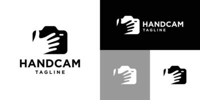 Design template of camera logo combination with hand. Snapshot, photo, grip. Icon symbol EPS 10 vector