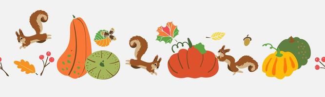 Dry oak leaves and acorns, pumpkins, cones and squirrel. Autumn seamless border pattern, autumn forest. vector