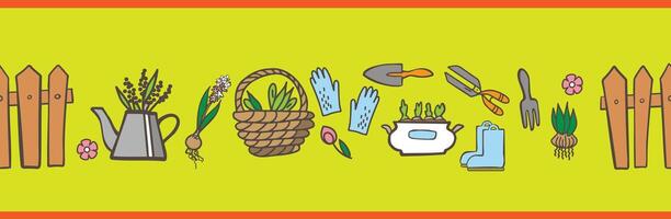 Gardening tools and flowers set in border pattern vector