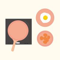 Flat lay of frying pan and sunny side up eggs on plate. Concept of frying eggs for healthy breakfast. vector
