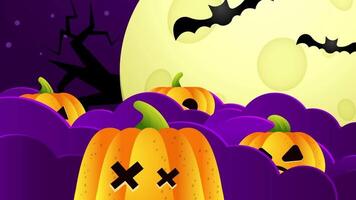 Animated halloween background with pumpkins and bats. Paper cut 3d animation video