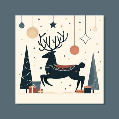 retro flat card with deer and presents, christmas tree toys.vintage graphic art for xmas greetings