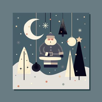 stylish retro flat card with santa and other christmas tree toys . vintage graphic art for xmas greetings