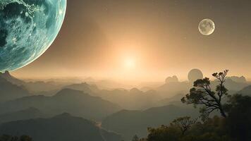 Sunrise on an Exoplanet Witness the Dawn of a New Day in a Faraway Solar Systemwhere a vibrant sky illuminates a landscape of otherworldly flora and towering rock formations video