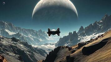 A Spaceship Pilot Navigates Through the Rugged Terrain of an Exoplanet. video