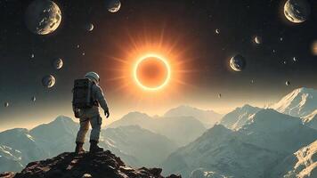 un astronauta soportes en un solitario, montañoso mundo, mirando a un espectacular solar eclipse en medio de un cielo lleno con planetas video