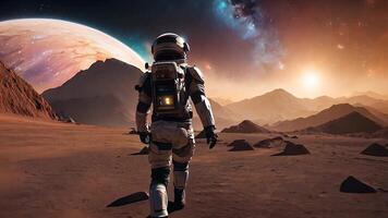 ett astronaut promenader tvärs över ett utomjording öken- planet med en se av avlägsen galaxer, planeter, och stjärnor. de bild fångar de känsla av äventyr och utforskning i de väldighet av Plats. video