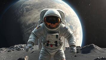 A lone astronaut performs a cosmic dance, floating effortlessly amidst a breathtaking backdrop of stars and planets. video