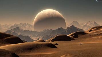 Mars-like planet rises over a desolate, mountainous desert, raising questions about the future of humanity and the search for new worlds. video