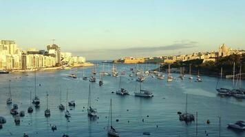 Time lapse of the harbour of Valetta on Malta with many yachts and boats in the sunset. video