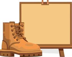 Yellow hiking boot standing next to a blank canvas board vector