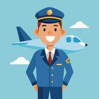Smiling pilot standing in front of an airplane vector