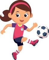 Smiling girl soccer player kicking ball wearing uniform vector