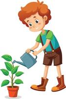 Smiling boy watering plant in pot with watering can vector