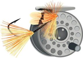 Fly fishing reel with fly hooked on line isolated on white background vector