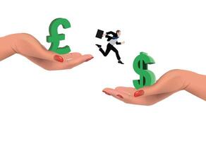 Businessman running from a pound to a us dollar symbol vector