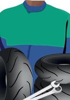 Mechanic holding wrenches is standing behind tires in a garage vector