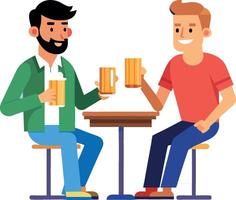 Two friends toasting while having drinks at a bar table vector