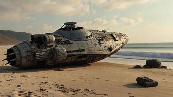 Abandoned Spaceship Wreck on a Deserted Beach, its journey cut short by unknown forces. video