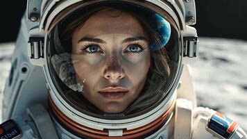 A Close-up Portrait of an Astronaut's Face with Earth Reflected in Her Visor. video