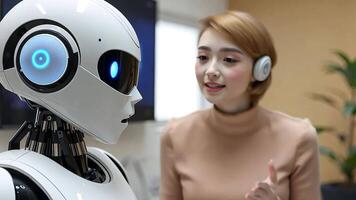uma mulher interage com uma futurista andróide, destacando a evoluindo relação entre humanos e artificial inteligência. video