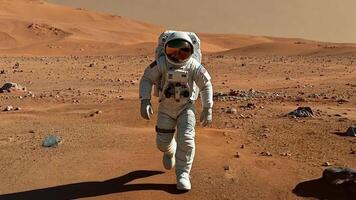 As the astronaut walks forward on a desert planet resembling Mars, the red sands and distant stars create a breathtaking scene of exploration and discovery. video