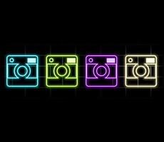 Glowing neon line Photo camera icon isolated on brick wall background. Foto camera icon. Colorful outline concept. .3 vector