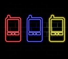 Glowing neon Smartphone, mobile phone icon isolated on white background. Black square button. vector