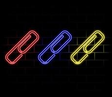 Paper clip with bright glowing futuristic blue neon lights on black background. 3D icon, sign and symbol. Cartoon minimal style. 3D render illustration vector